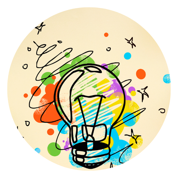 Hand-drawn light bulb with blotches of colors in the background, with scribbles in black and a few stars.
