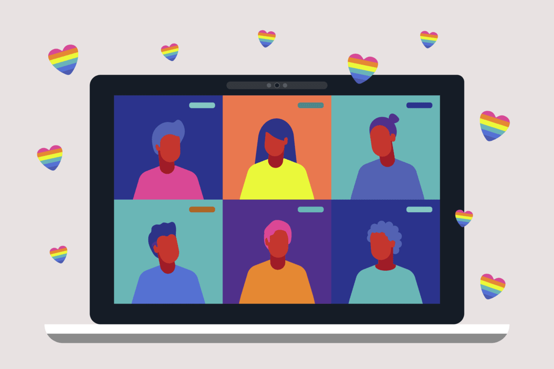 Multi-colored Zoom screen with pride hearts.