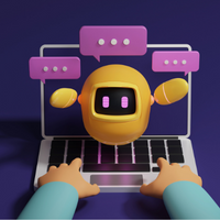 Open laptop with user hands on keyboard. Hovering above the keyboard is a round yellow robot surrounded by pink blocks that have 3 white dots on them. 