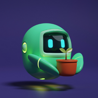 Round green robot holding a potted plant. 
