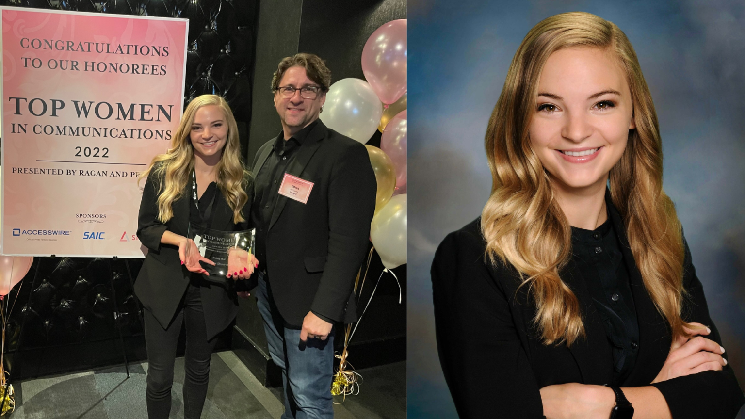 Taylor Shawver accepting an award, then Taylor's headshot on the right.