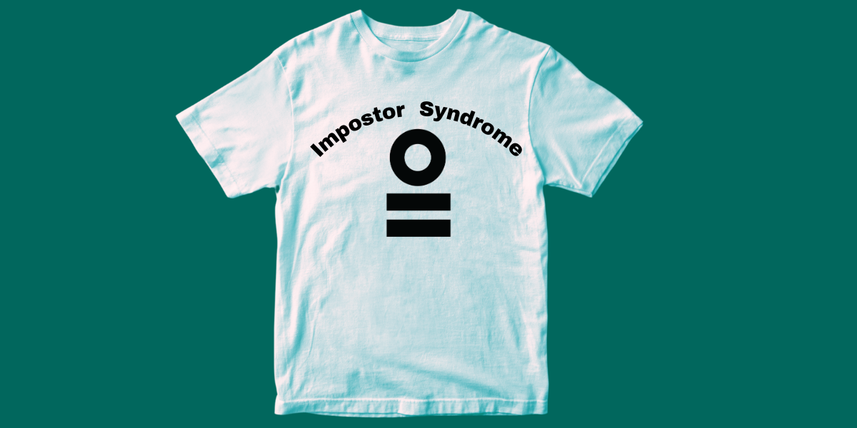 Green background, with a tee-shirt. The shirt design says, "Impostor Syndrome" and has the Integral icon underneath.